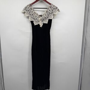 Jessica McClintock Black Velvet White Lace Off The Shoulder Long Dress Size 4